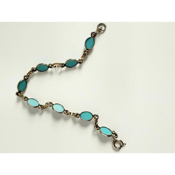 Vintage Turquoise Glass Cabochon Link Bracelet Gold Tone Settings 7.5” - Picture 3 of 9